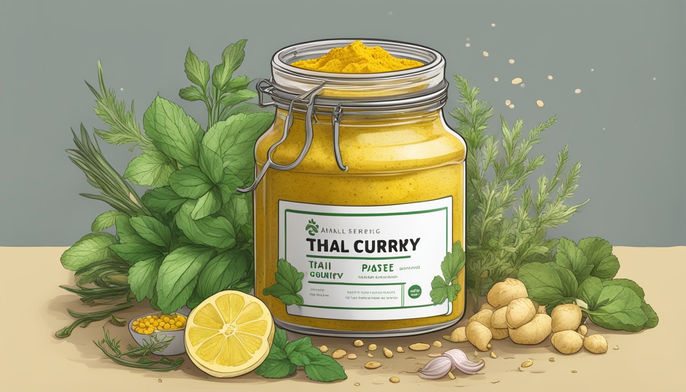 An open jar of Thai yellow curry paste with a pungent smell, surrounded by wilted herbs and moldy vegetables