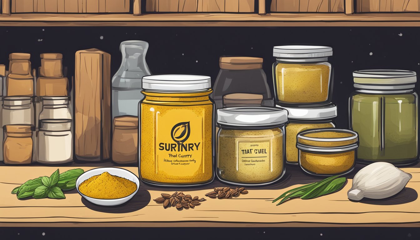 A small jar of Thai yellow curry paste sits on a kitchen shelf, surrounded by various spices and ingredients. The jar appears slightly worn, indicating it has been used before