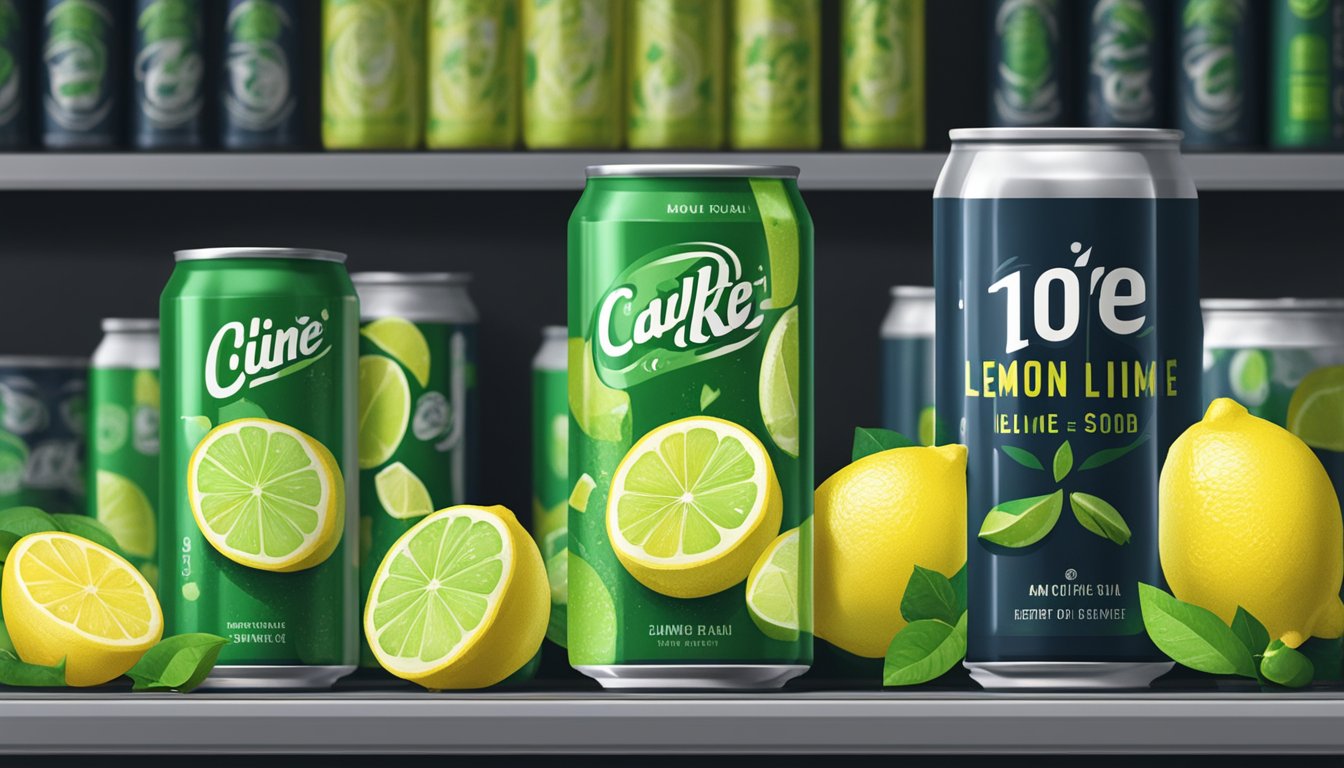 A can of lemon lime soda sits on a shelf in a cool, dark pantry next to other canned beverages