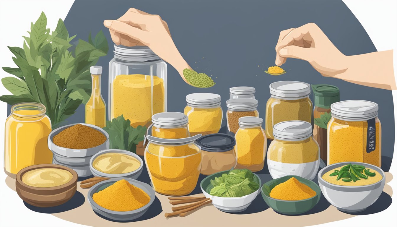 A hand reaching for a jar of Thai yellow curry paste on a shelf, surrounded by various other Asian cooking ingredients