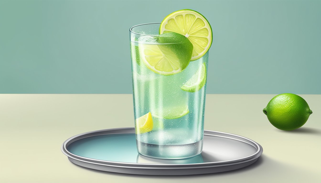 A glass of lemon-lime soda sits untouched on a coaster, condensation forming on the sides. A slice of lemon and lime rests on the rim