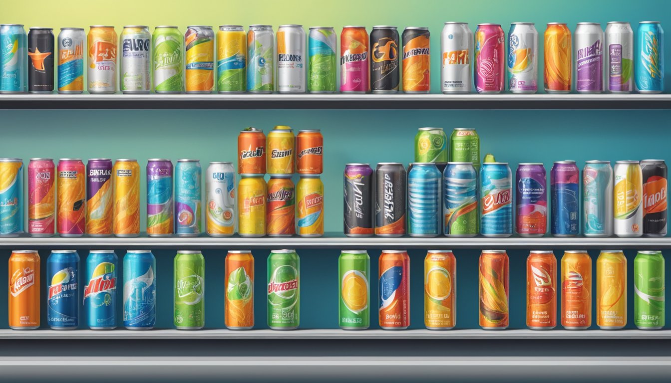 An energy drink can on a shelf, surrounded by various factors such as temperature, light, and air exposure, influencing its expiration