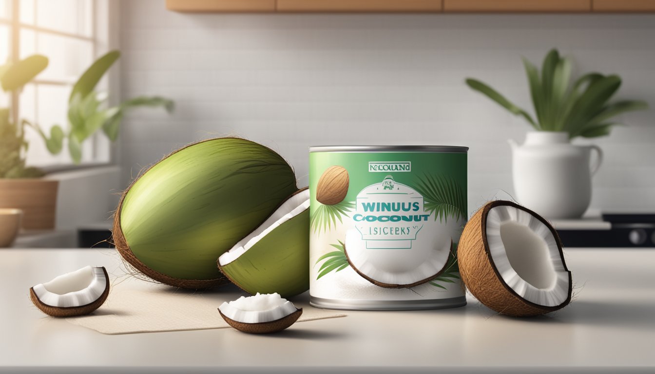 A can of coconut cream sits on a kitchen counter, surrounded by fresh coconuts and a calendar with the date circled