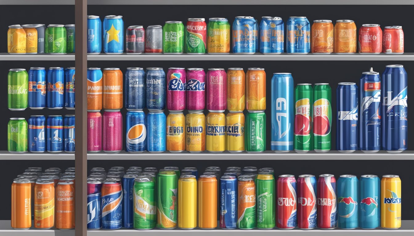 A shelf with various energy drink cans, some dusty and expired, others neatly organized and within their expiration date