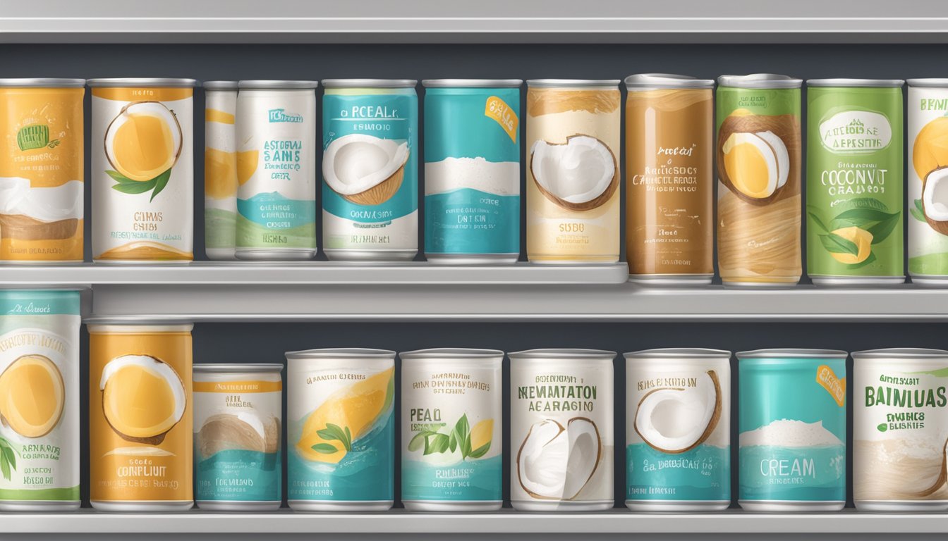 A pantry shelf with neatly arranged coconut cream cans, some labeled with expiration dates, others sealed tightly with plastic wrap