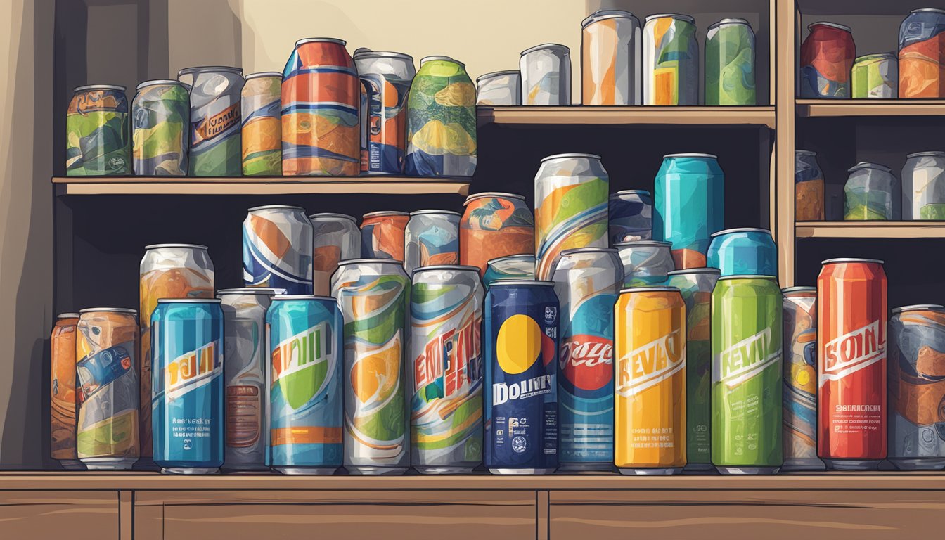 An open energy drink can sits on a dusty shelf, surrounded by other expired beverages and clutter