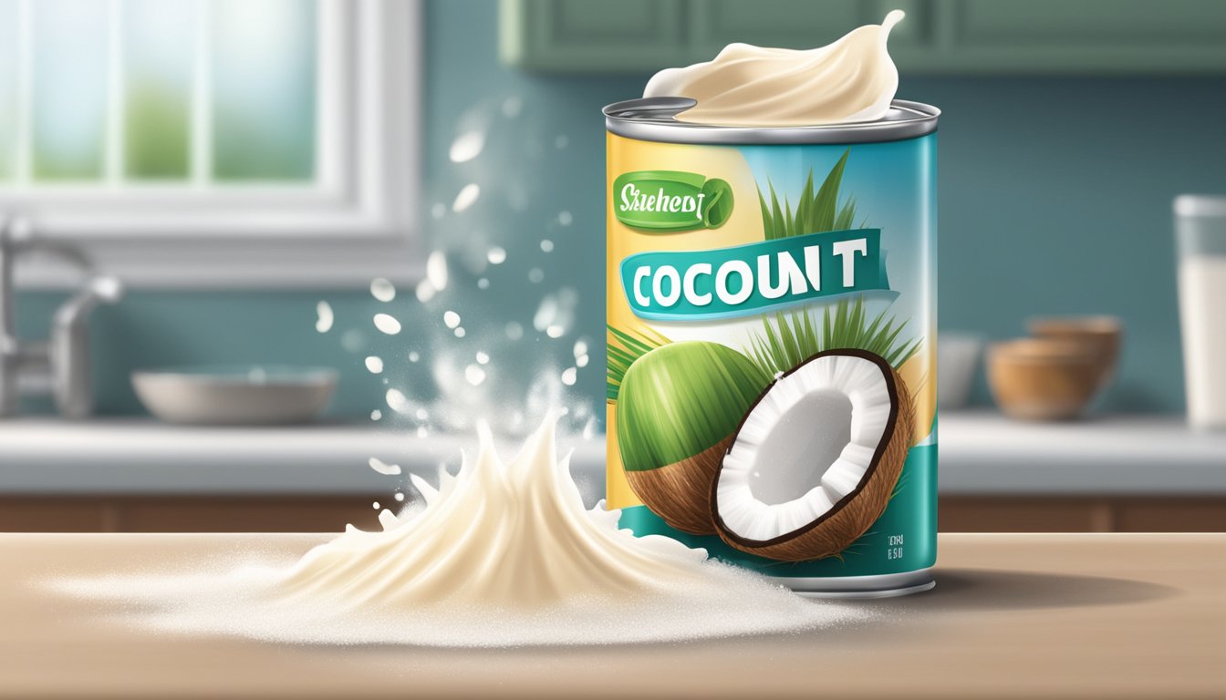 A can of coconut cream sits open on a countertop, with a foul odor emanating from it. The cream has separated and appears chunky, indicating spoilage