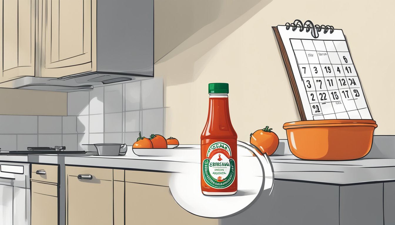 A bottle of Sriracha sauce sits on a kitchen counter next to a calendar, with the date circled. The sauce is unopened, suggesting it may still be within its expiration date