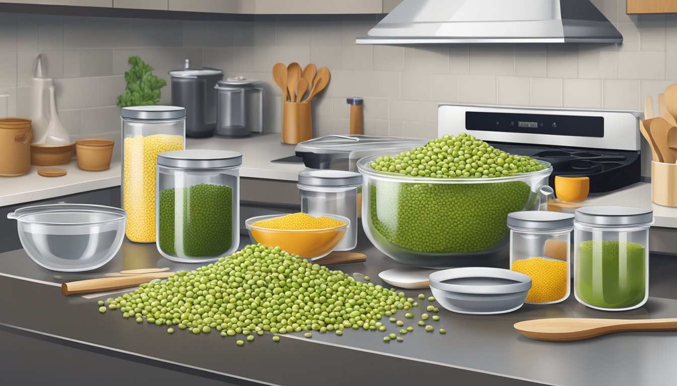 A pile of mung beans sits in a clear, airtight container on a kitchen counter, surrounded by various kitchen utensils and ingredients