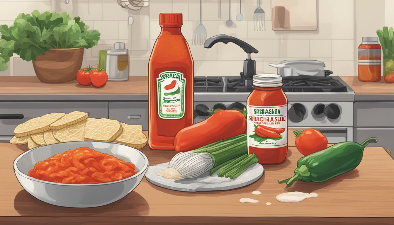 A bottle of sriracha sauce sits open on a kitchen counter, surrounded by various food items. The sauce inside appears discolored and separated, indicating spoilage