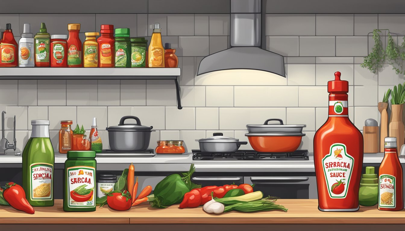 A bottle of sriracha sauce sits on a kitchen shelf, surrounded by other condiments and cooking ingredients