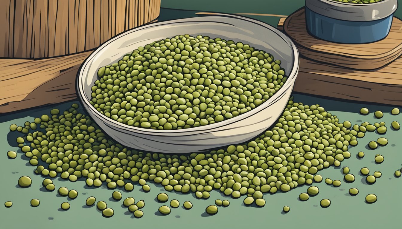 A pile of mung beans, some fresh and plump, others shriveled and discolored, sit on a wooden surface next to a clear container of spoiled, moldy beans