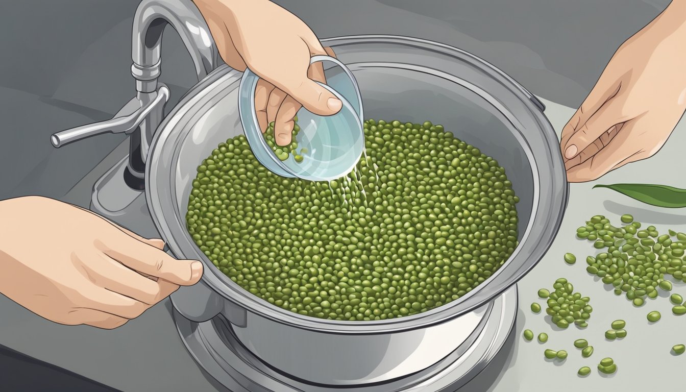 A person rinses mung beans under running water, then places them in a pot with water for cooking