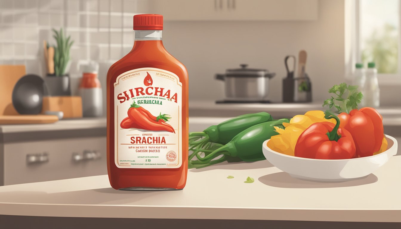 A bottle of sriracha sauce sits on a kitchen counter with a question mark hovering above it. The label is faded, hinting at its age