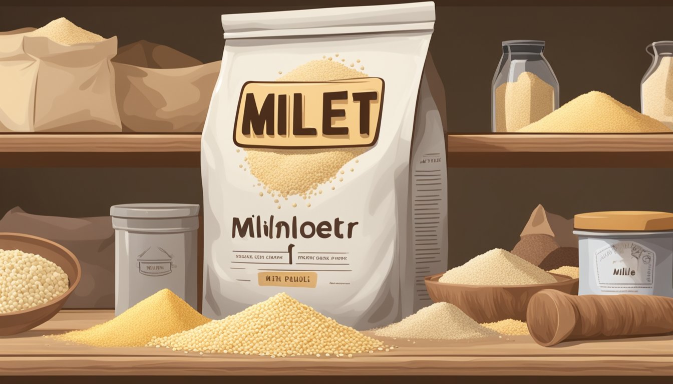 A bag of millet flour sits on a shelf, surrounded by other dry goods. The flour appears untouched and free of any signs of spoilage