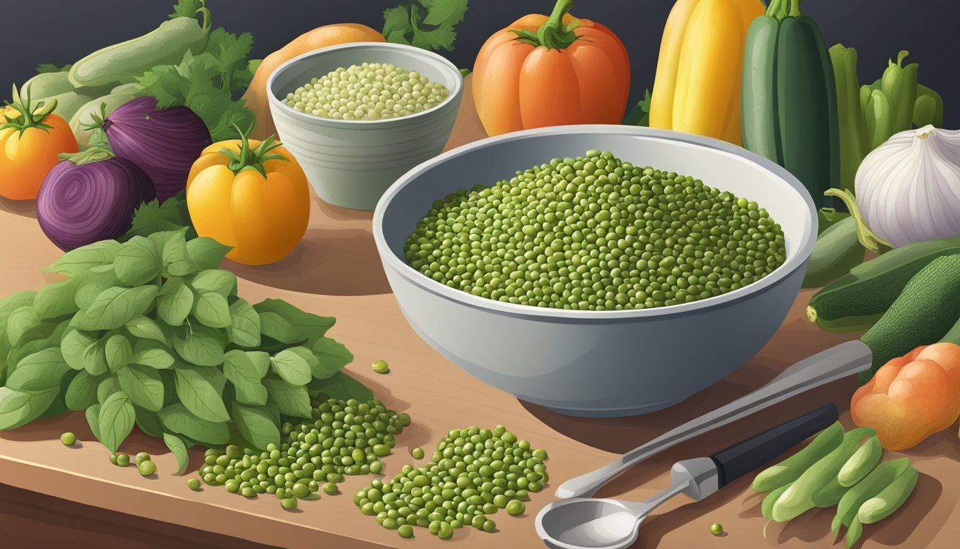 A bowl of mung beans sits on a kitchen counter, surrounded by fresh produce and a variety of healthy ingredients