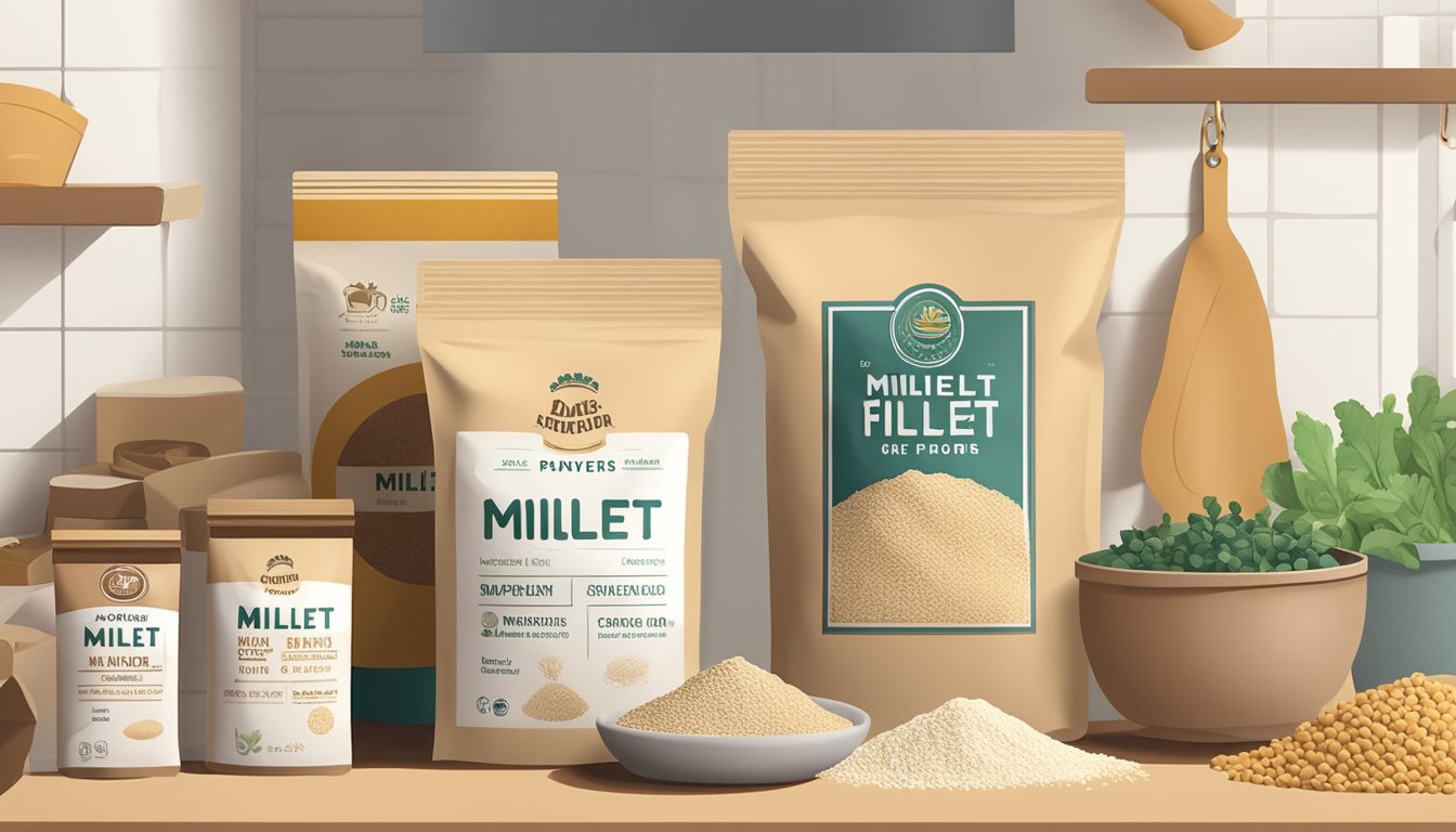 A bag of millet flour sits on a shelf, surrounded by other pantry staples. The packaging is intact and the flour appears dry and powdery