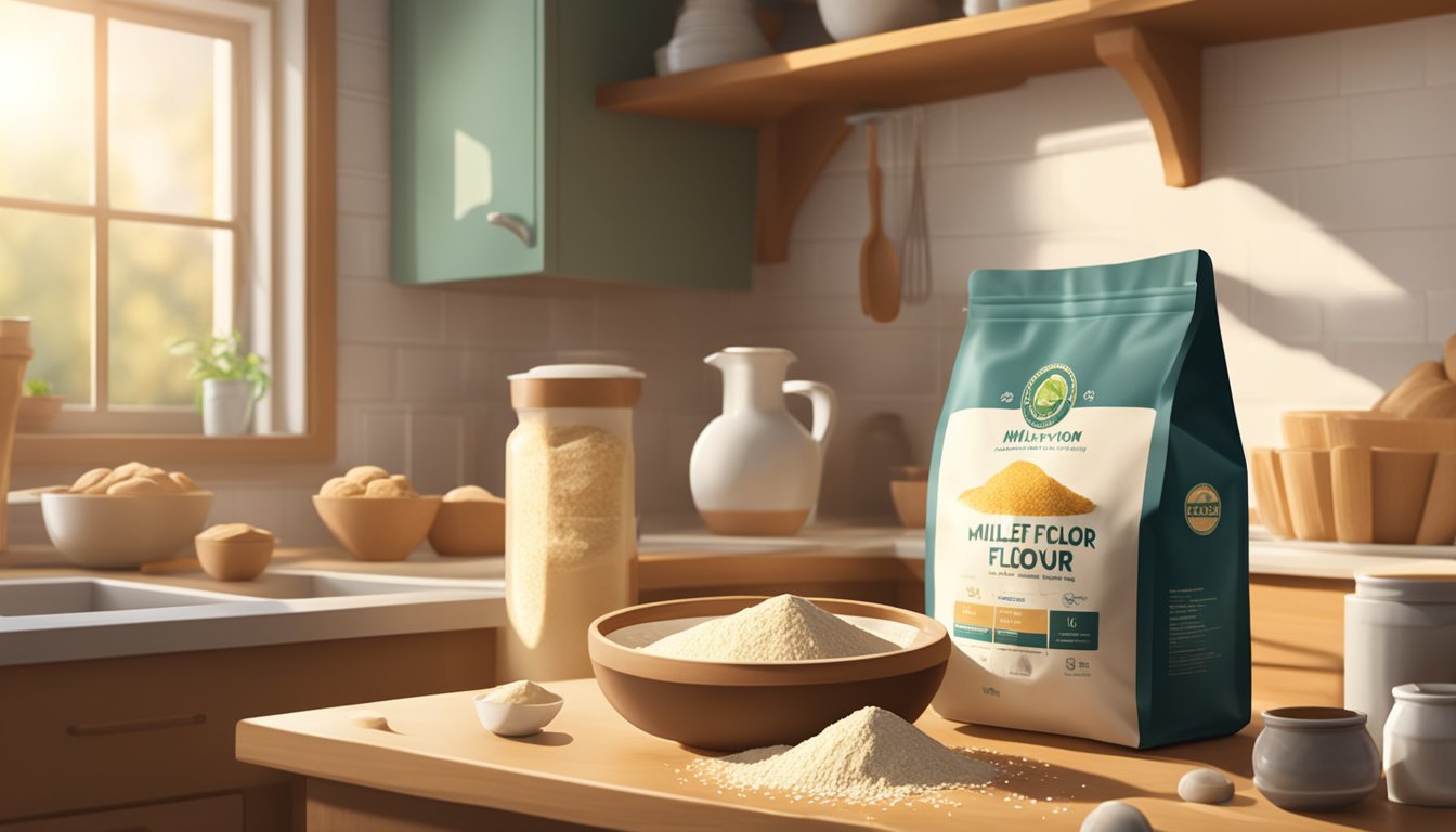 A bag of millet flour sits on a kitchen counter next to a mixing bowl and various baking ingredients. Sunlight streams through the window, casting a warm glow on the scene