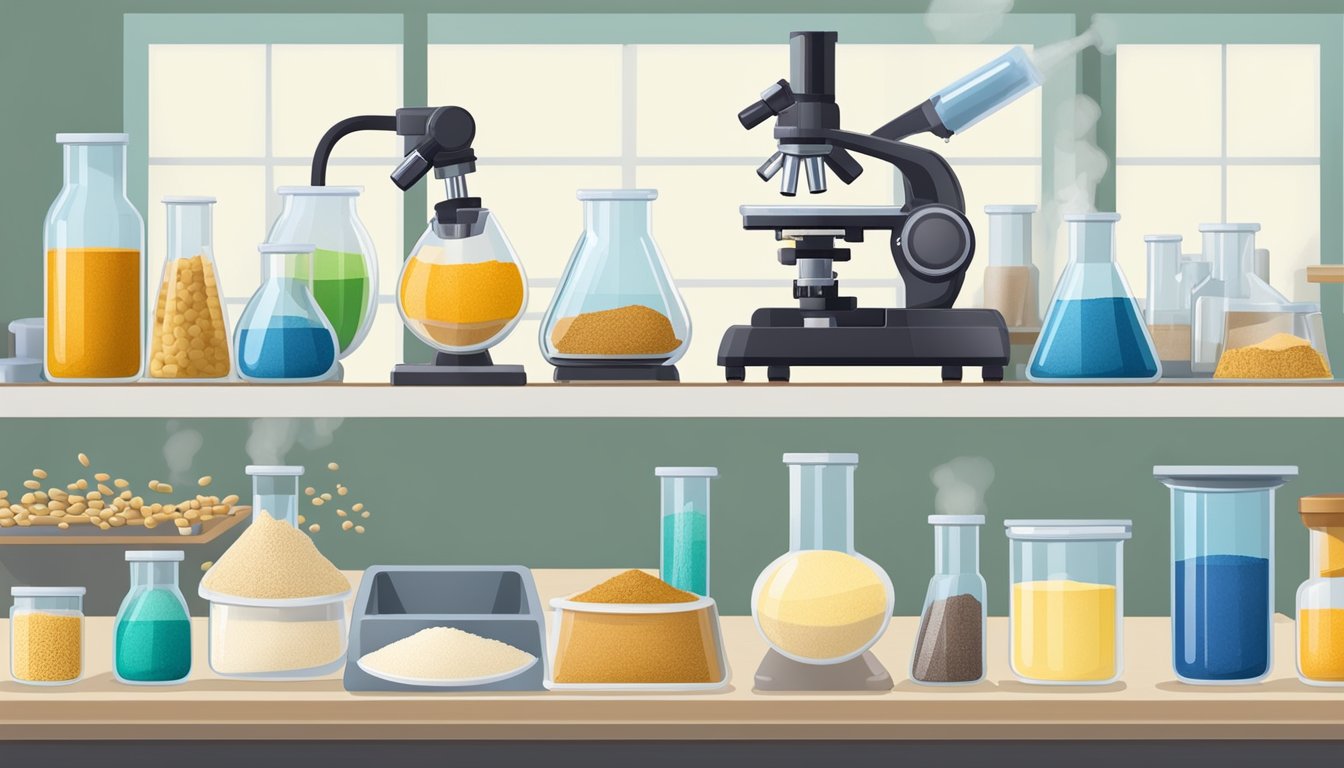 A laboratory table with various flours in labeled containers, including millet flour. A microscope and testing equipment are set up for comparative analysis