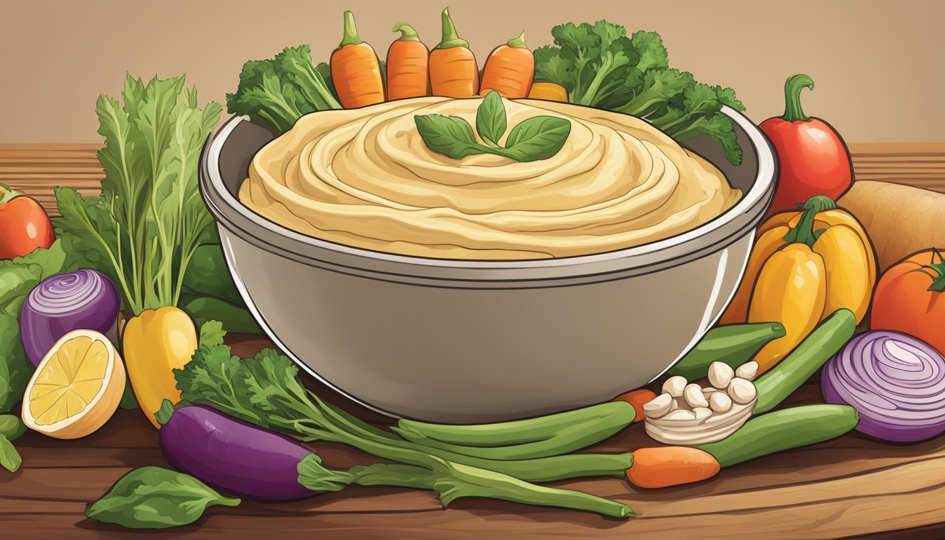 A bowl of fresh hummus sits on a wooden table, surrounded by colorful vegetables and pita bread. The lid of the hummus container is open, revealing its creamy texture