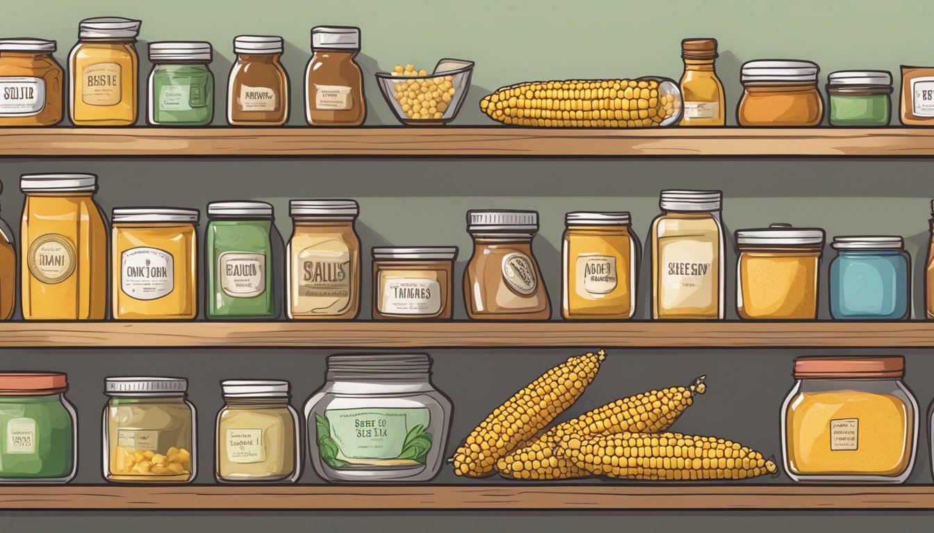 A pantry shelf with a sealed container of corn syrup solids, surrounded by other dry goods and labeled with a "best by" date