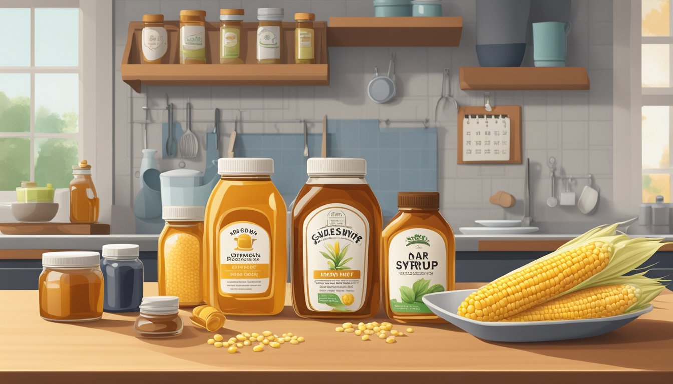 A jar of corn syrup solids sits on a kitchen counter, surrounded by various sweeteners like honey and maple syrup. A calendar on the wall indicates the current date