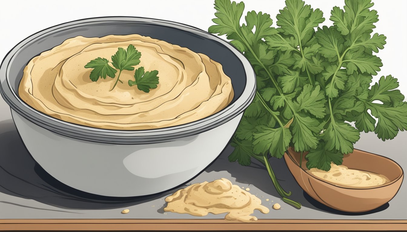 A bowl of discolored, moldy hummus sits on a countertop next to an open container of expired tahini and a pile of wilted parsley