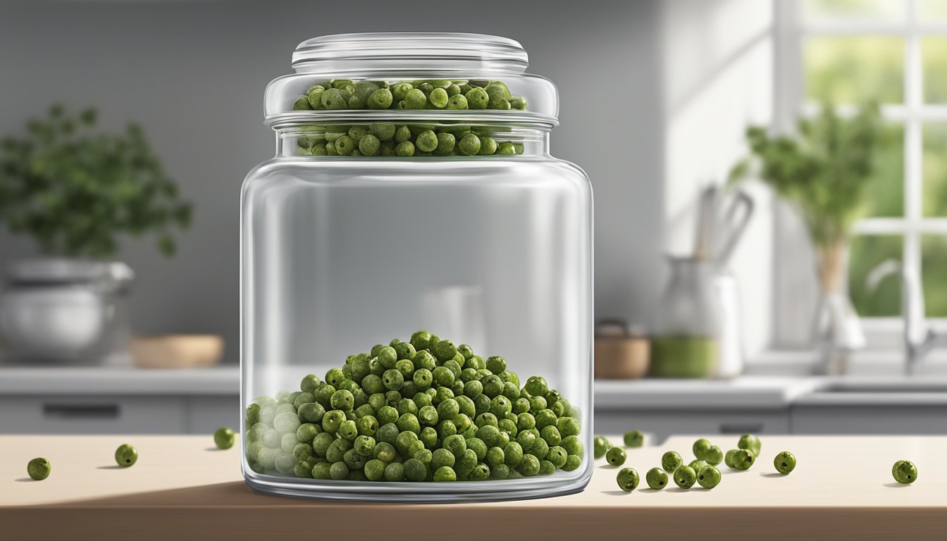 A clear glass jar filled with green peppercorns, sealed with a tight-fitting lid, sitting on a clean, white kitchen countertop