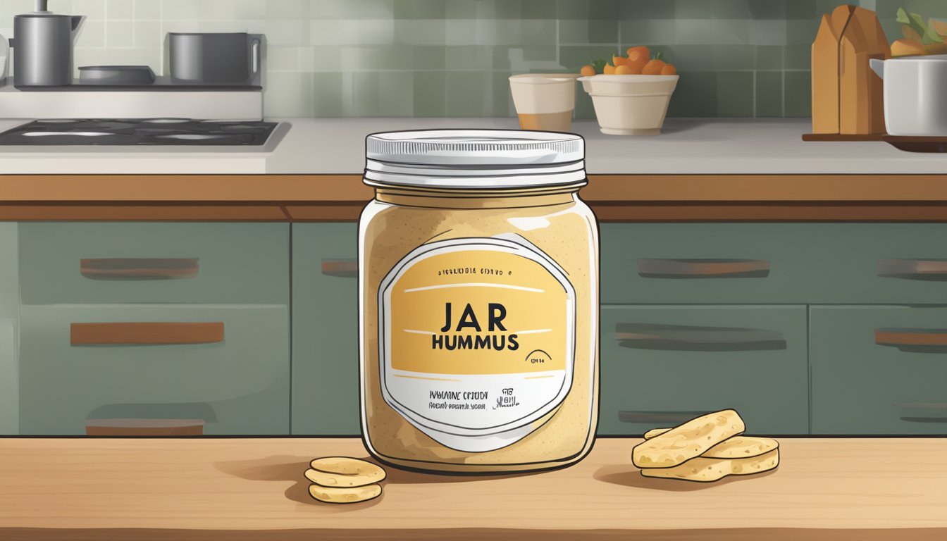 A jar of hummus sits on a kitchen counter with a "use by" date visible. A question mark hovers above, indicating uncertainty about its freshness