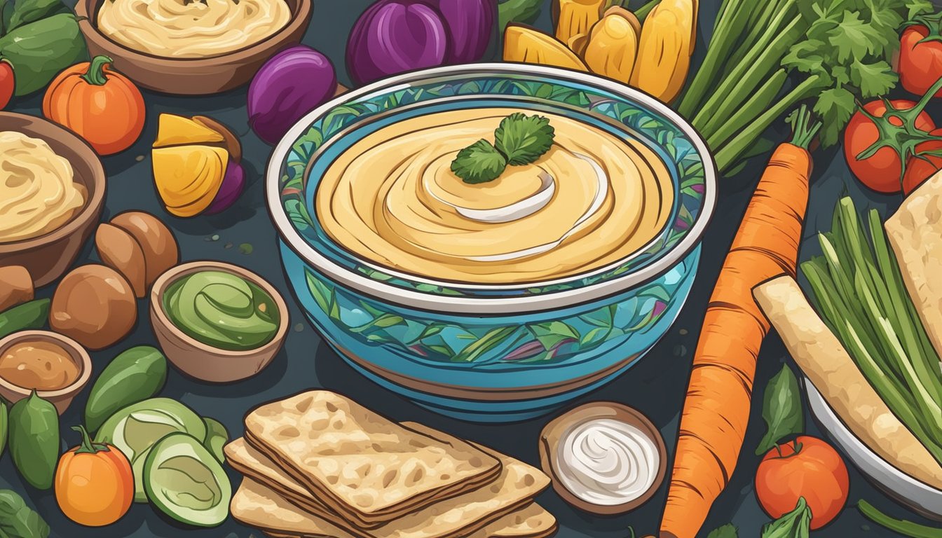 A bowl of fresh hummus surrounded by colorful, assorted vegetables and pita bread, ready to be dipped and enjoyed