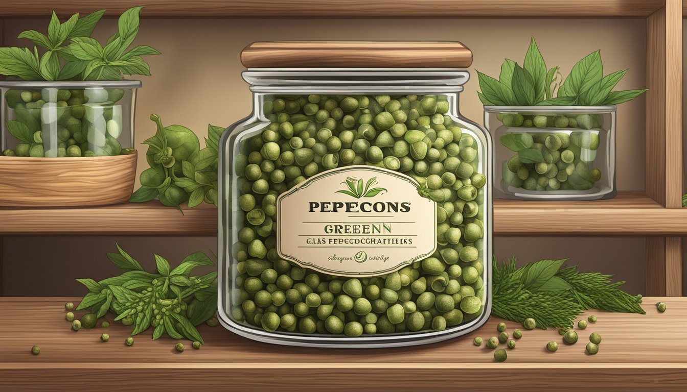 A glass jar of green peppercorns sits on a wooden shelf, surrounded by other spices and herbs. The label on the jar indicates the shelf life of the peppercorns