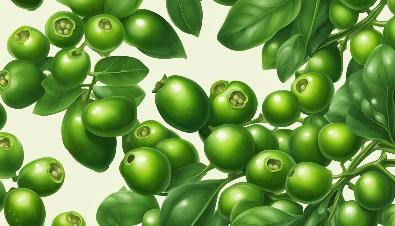 A close-up of fresh green peppercorns bursting with flavor and aroma, set against a backdrop of lush green foliage