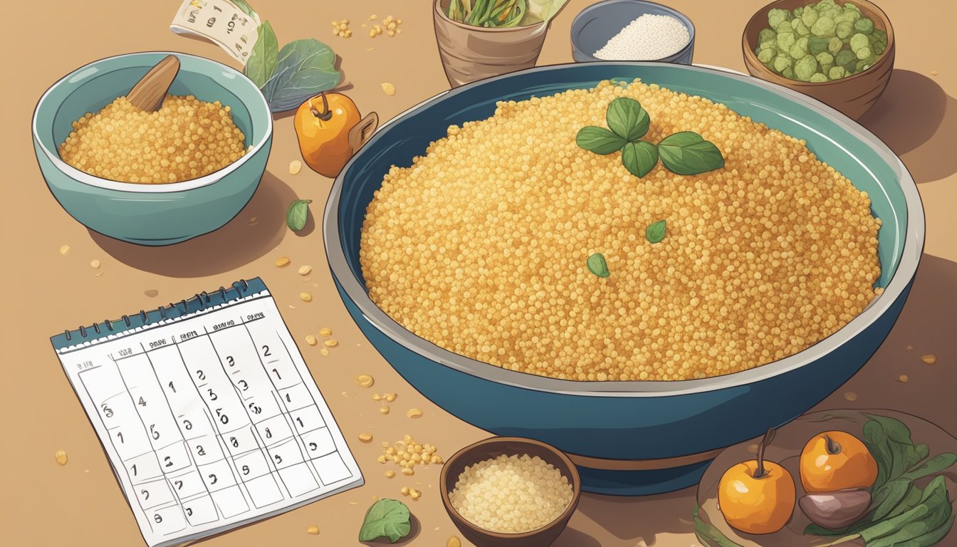 A bowl of couscous with a questioning expression above it, surrounded by various food items and a calendar showing expiration dates