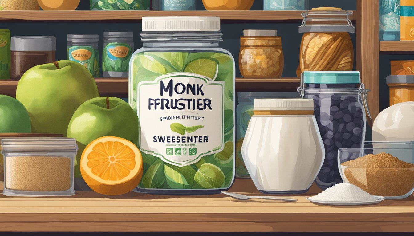 A jar of monk fruit sweetener sits on a shelf, surrounded by various food items. Some of the items are spoiled, while others remain fresh