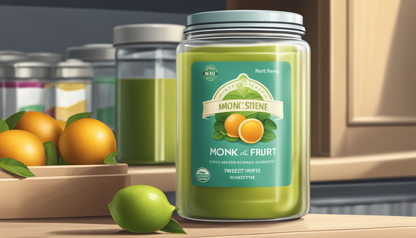 Monk fruit sweetener stored in a sealed container in a cool, dry pantry