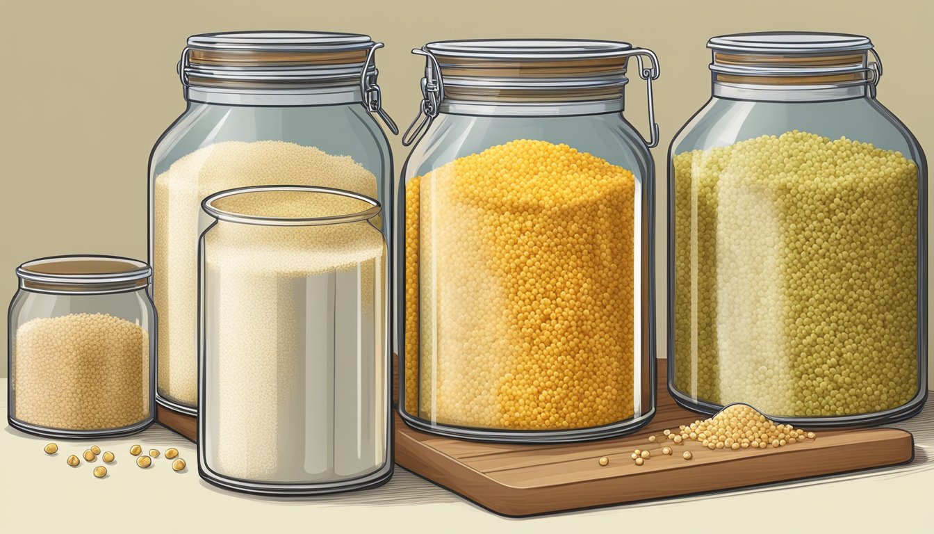 A sealed container of couscous stored in a cool, dry pantry