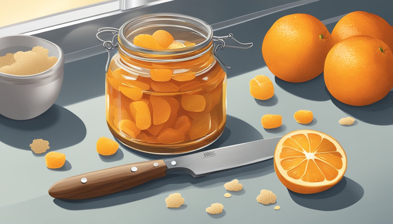 An open jar of marmalade on a kitchen counter, with a few crumbs and a small knife nearby