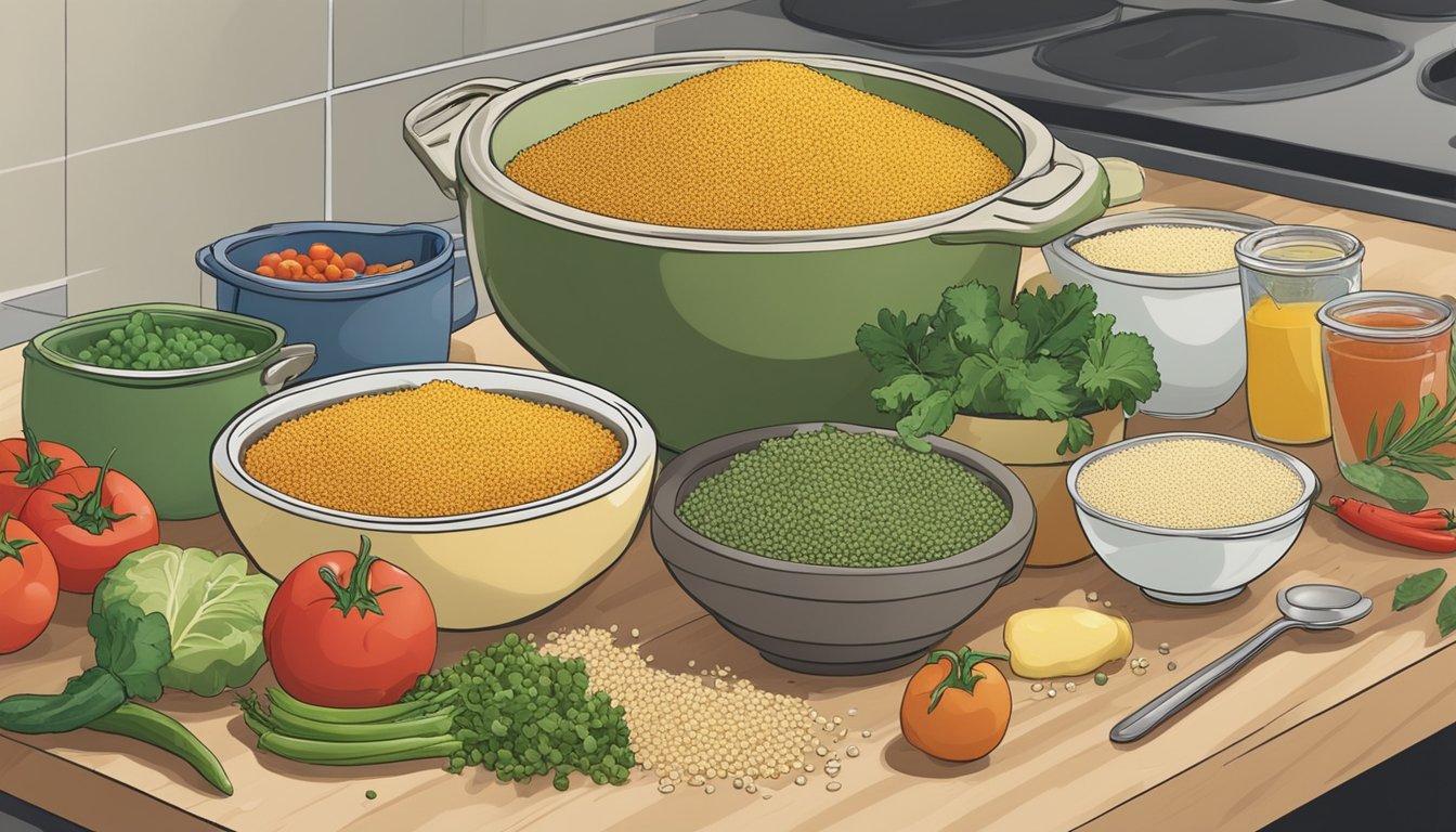 A bowl of couscous sits on a kitchen counter, surrounded by various leftover ingredients like vegetables and herbs. A container of couscous is open, with some spilling out onto the counter