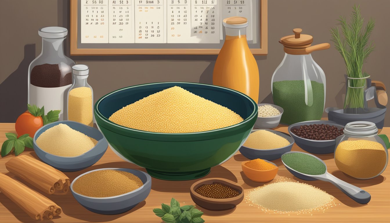 A bowl of couscous sits on a kitchen counter, surrounded by various ingredients and spices. A calendar on the wall shows the current date