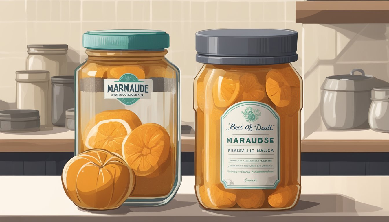 A jar of marmalade sits on a shelf, surrounded by other preserved foods. The label displays a best-by date, and a small open jar nearby shows signs of mold