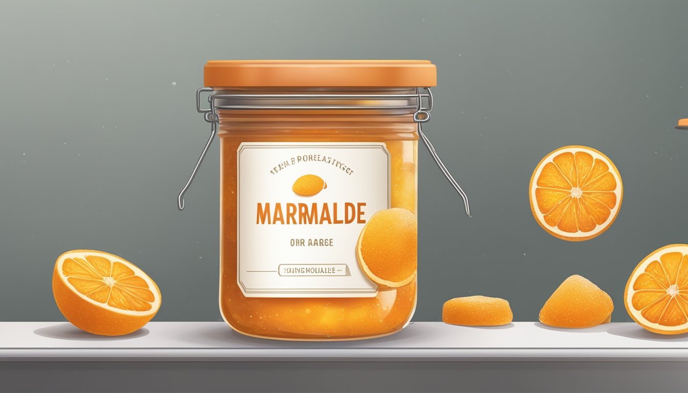 A jar of marmalade sits on a shelf with a faded label. Mold spores begin to form on the surface of the orange spread