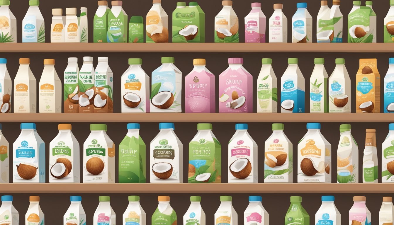 A variety of coconut milk cartons, some open and some sealed, arranged on a shelf with different expiration dates