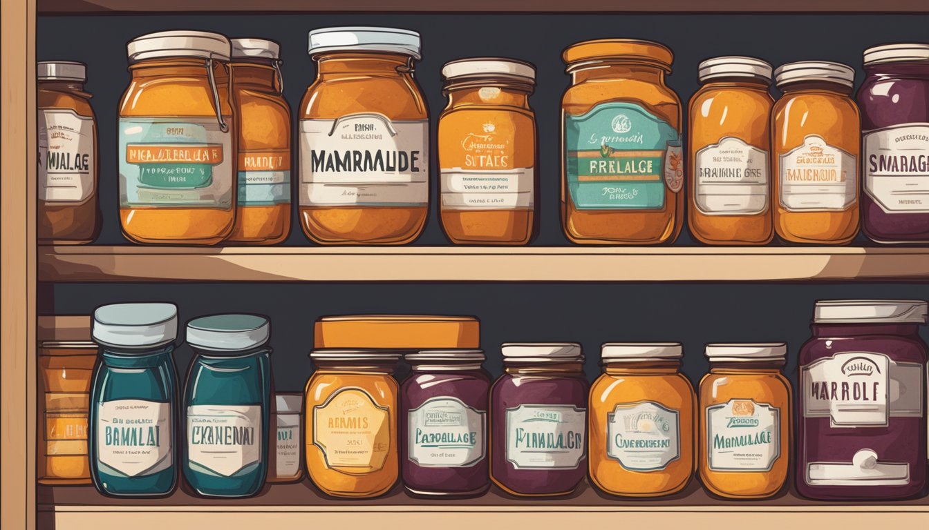 A jar of marmalade sits on a shelf next to other preserves. Some jars are labeled with expiration dates while others show signs of spoilage