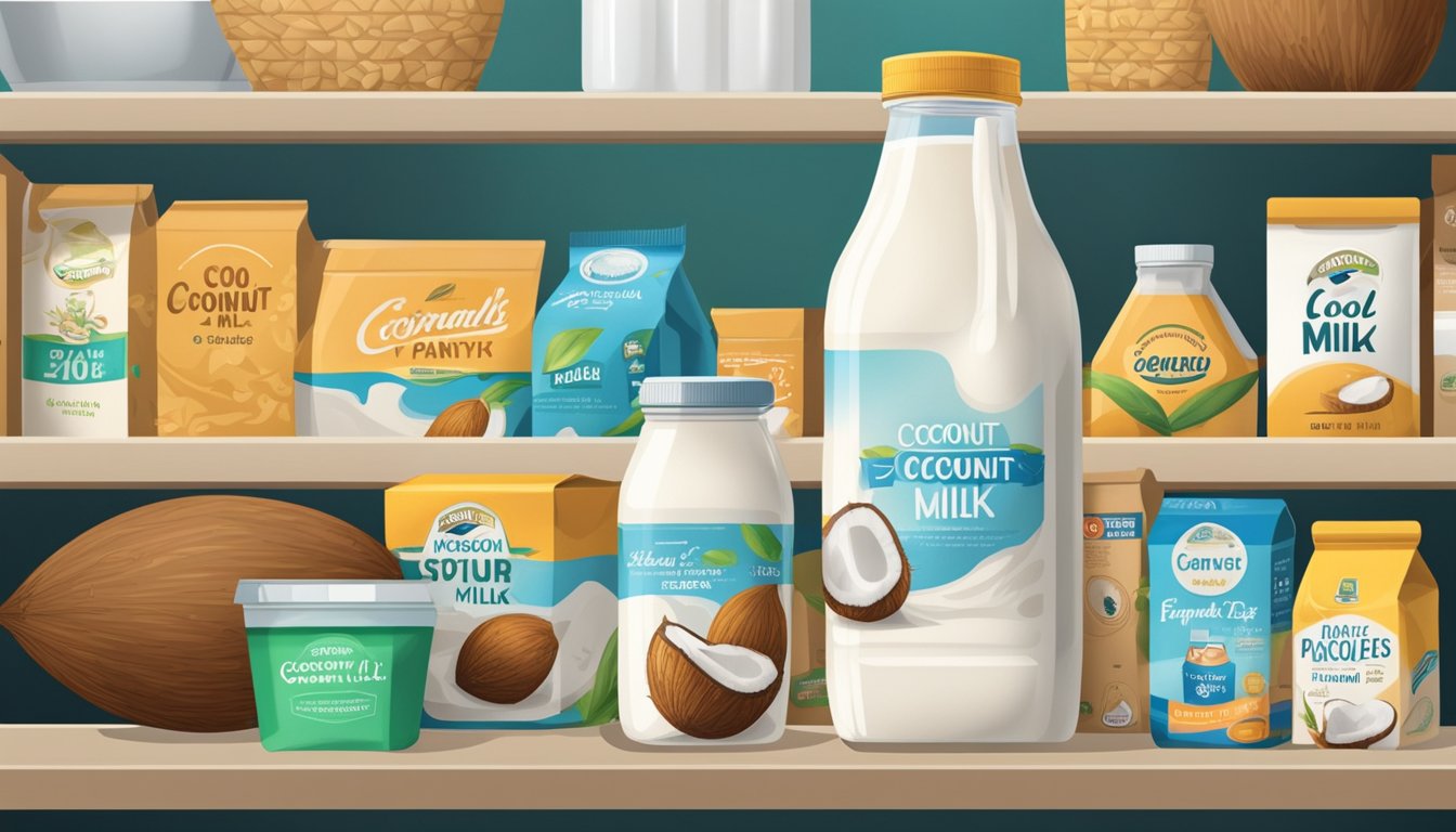 A carton of coconut milk sits on a shelf, surrounded by other pantry items. The expiration date is visible, and the carton is stored in a cool, dry place