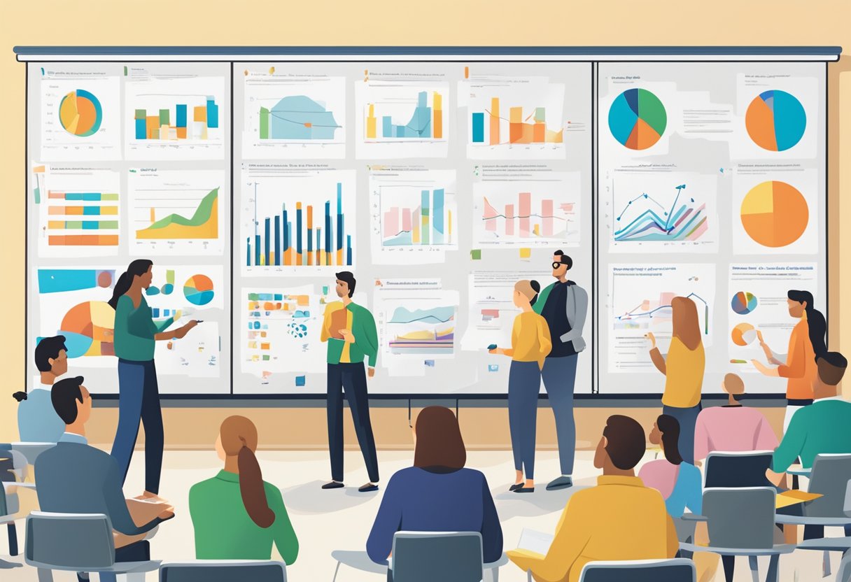 A group of people gathered around a large bulletin board covered with colorful charts and graphs, discussing recent changes to the DTC