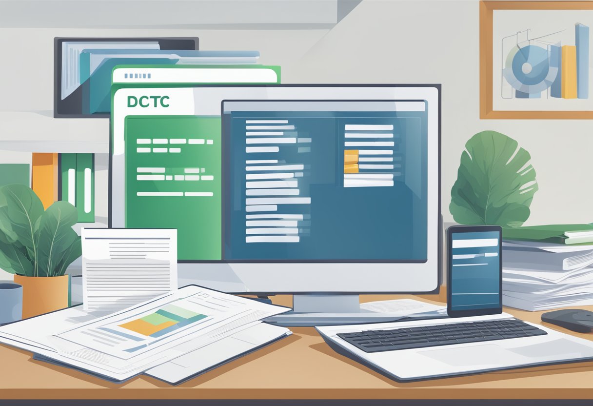 A stack of official documents and forms, alongside a computer screen displaying the updated DTC guidelines