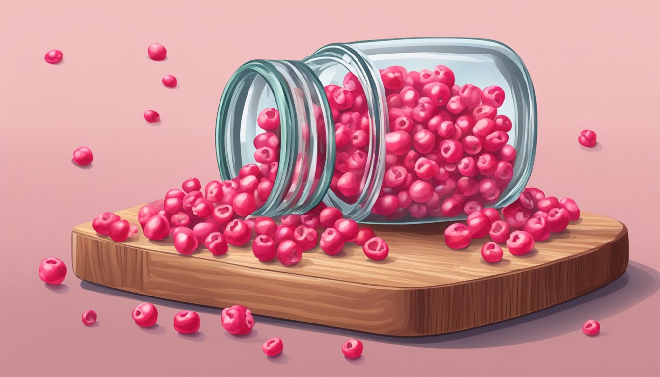 A small pile of pink peppercorns spilling out of a cracked glass jar onto a wooden cutting board