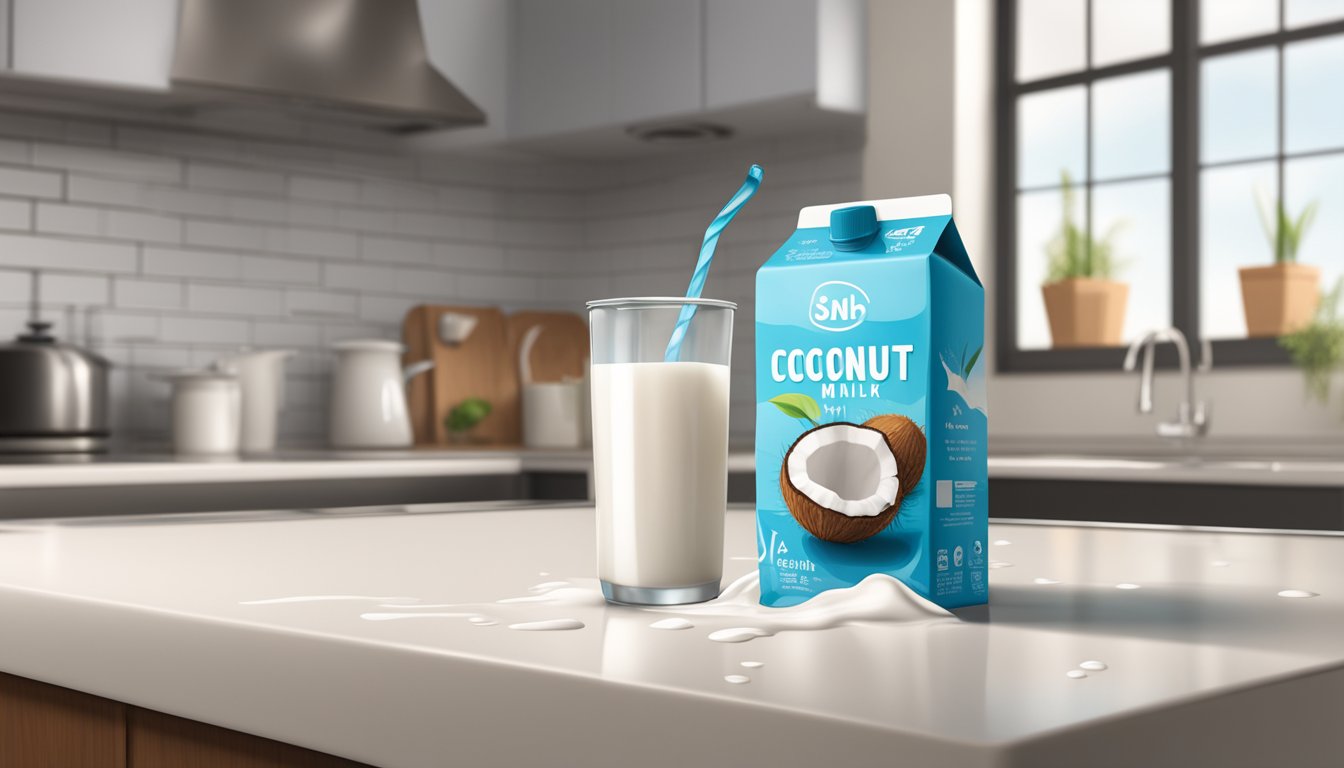 An open coconut milk carton sits on a kitchen counter, with a small puddle of spilled milk nearby