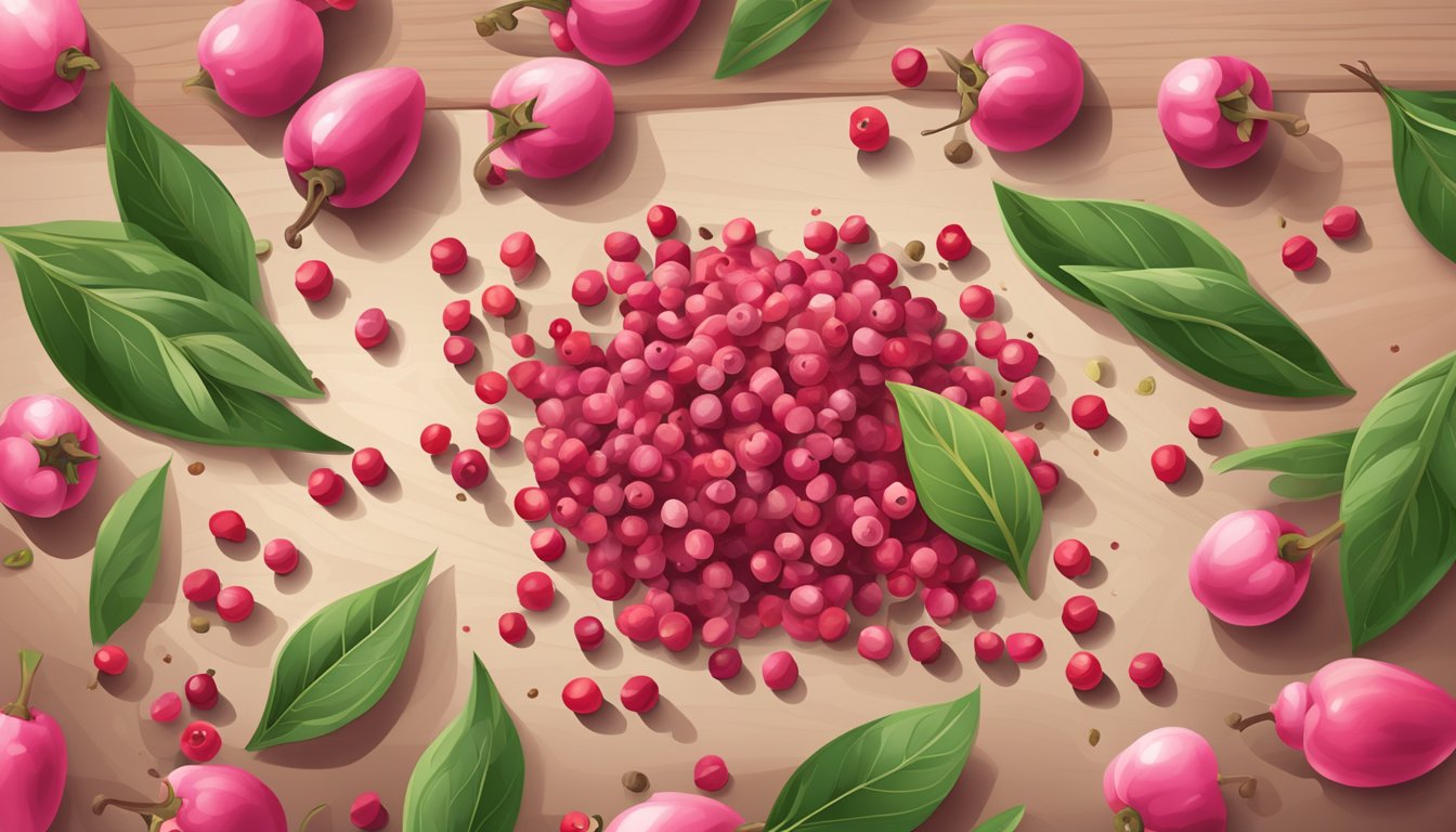 A pile of pink peppercorns scattered on a wooden cutting board, some whole and some crushed, with a few scattered leaves and twigs around them