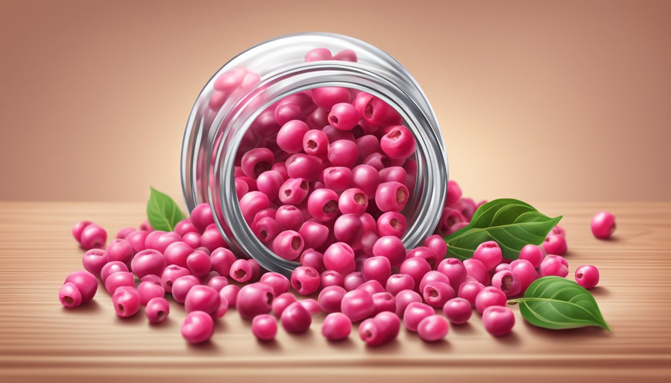 A small pile of pink peppercorns spilling out of a glass jar onto a wooden surface, with a few peppercorns rolling away